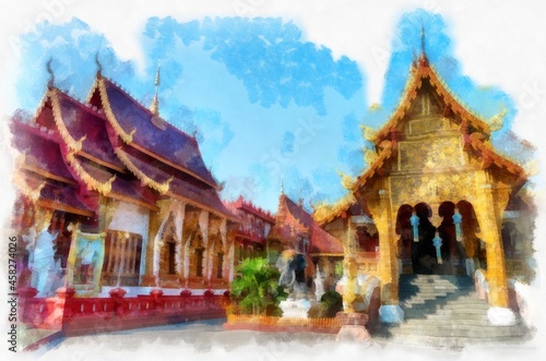 Ancient architecture of northern thailand watercolor style illustration impressionist painting. © Kittipong