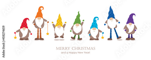christmas greeting card with cute christmas dwarf in rainbow colours