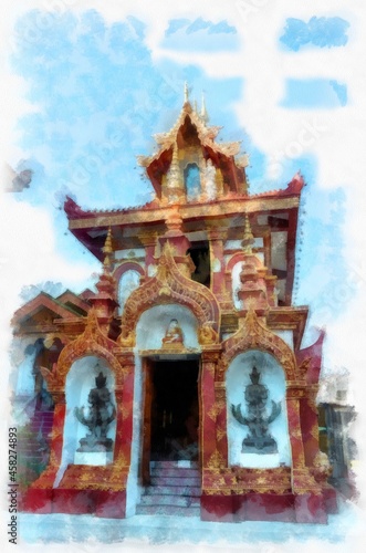 Ancient architecture of northern thailand watercolor style illustration impressionist painting.