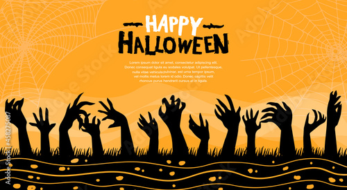 Halloween vector design with zombies hand silhouette on orange background for poster, invitation, banner and celebration event
