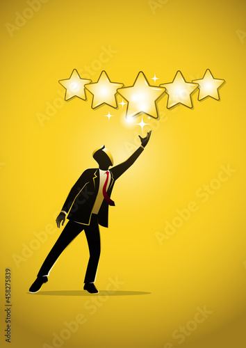 A businessman giving five gold stars. quality and business concept