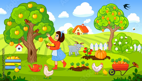 Farm in summer, vegetable garden, garden, vector illustration. Harvesting. Cartoon characters, flat graphics, girl, chicken, chickens, sheep, farm animals.