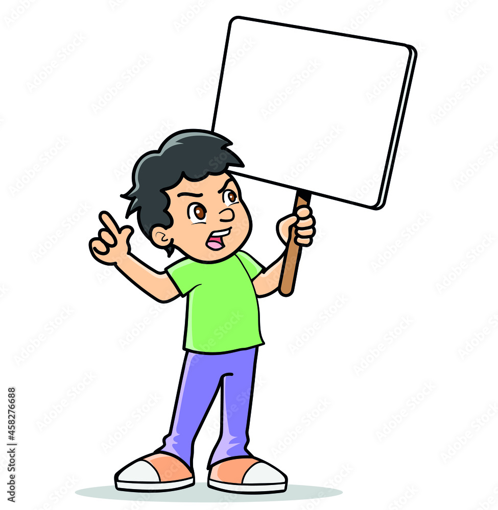 Niño sosteniendo cartel de protesta en blanco. Dibujos animados. Niño sosteniendo cartel de protesta en blanco. Dibujos animados.