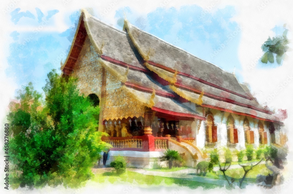 Fototapeta premium Ancient architecture of northern thailand watercolor style illustration impressionist painting.