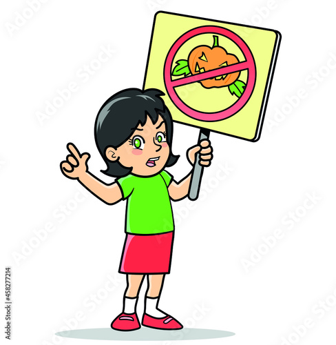 Chica sosteniendo cartel de No al Halloween. Dibujos animados.