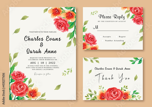 Watercolor wedding invitation template with red and orange flowers