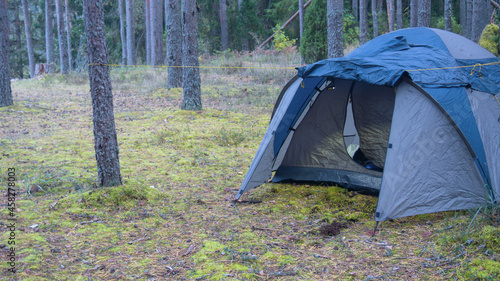 blue tourist tent stands in the forest