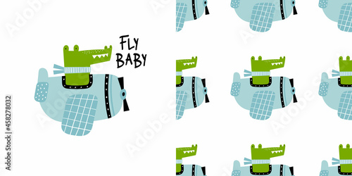 Vector hand-drawn seamless childish pattern with cute crocodile pilot on the plane on a white background. Kids texture for fabric, wrapping, textile, wallpaper, apparel. Alligator flying on a airplane photo