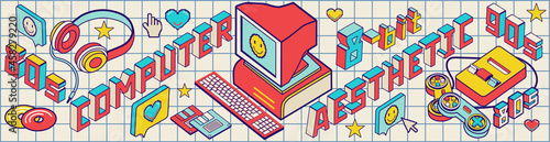 Wide website horizontal banner, back to 90s concept.Old computer aesthetic user interface. Leaderboard social network  group profile, header image.
