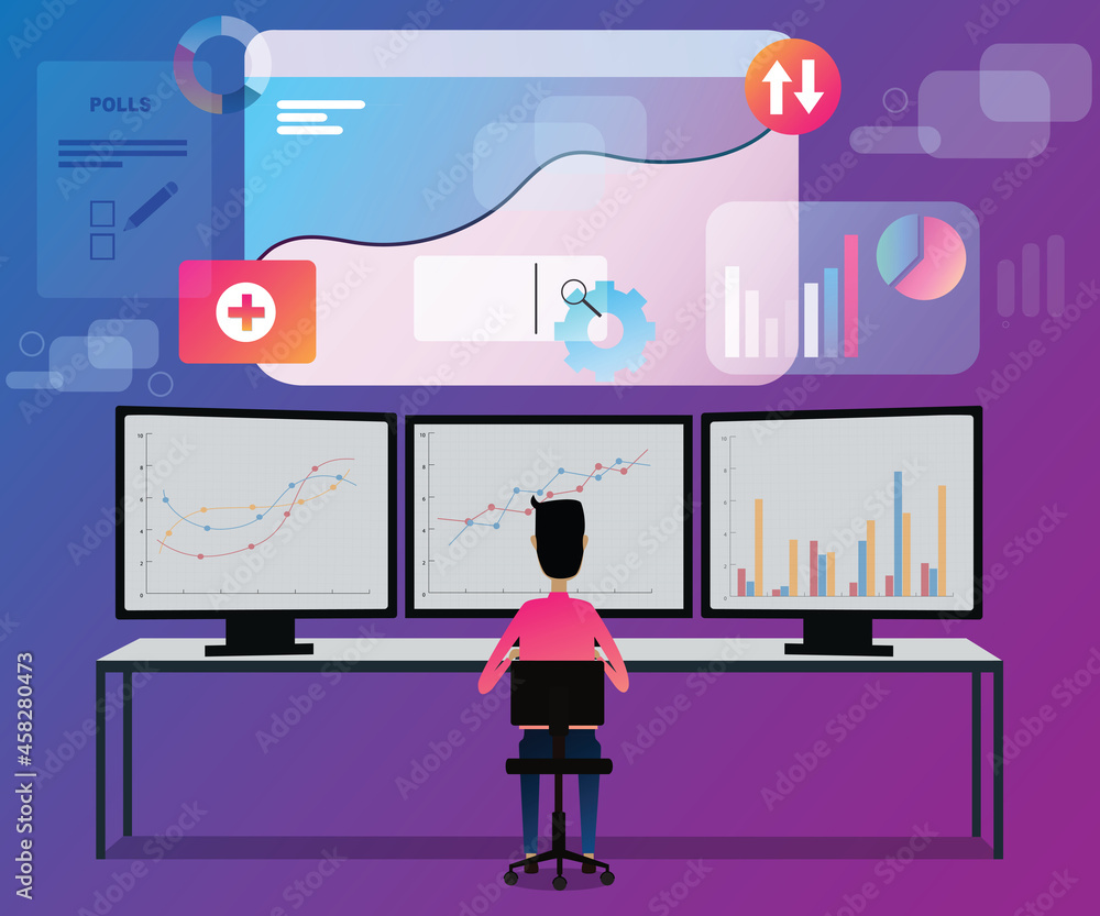 Flat design of data analysis concept,A man sitting in front of computer and analysing the data - vector Flat design of data analysis concept,A man sitting in front of computer and analysing the data - vector