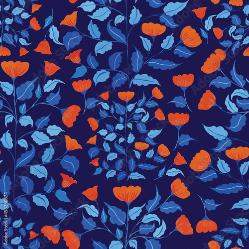Vector seamless pattern with flowers on blue background