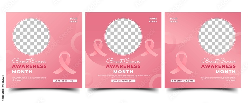 Set of Breast cancer awareness month social media post template. Modern gradient pink background with ribbon and place for the photo. Usable for social media, banner, card, and website. - obrazy, fototapety, plakaty 