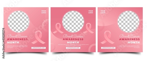 Set of Breast cancer awareness month social media post template. Modern gradient pink background with ribbon and place for the photo. Usable for social media, banner, card, and website.