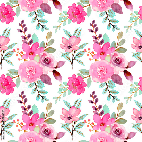 Seamless pattern of green pink floral watercolor