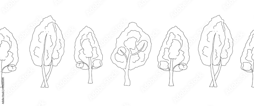 Black outline hand drawing vector illustration of a group of deciduous birch trees isolated on a white background. Seamless pattern Black outline hand drawing vector illustration of a group of deciduous birch trees isolated on a white background. Seamless pattern