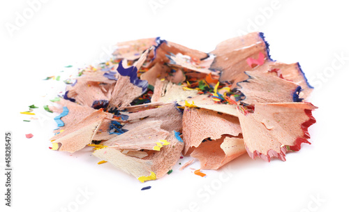 Heap of colorful pencil shavings on white background