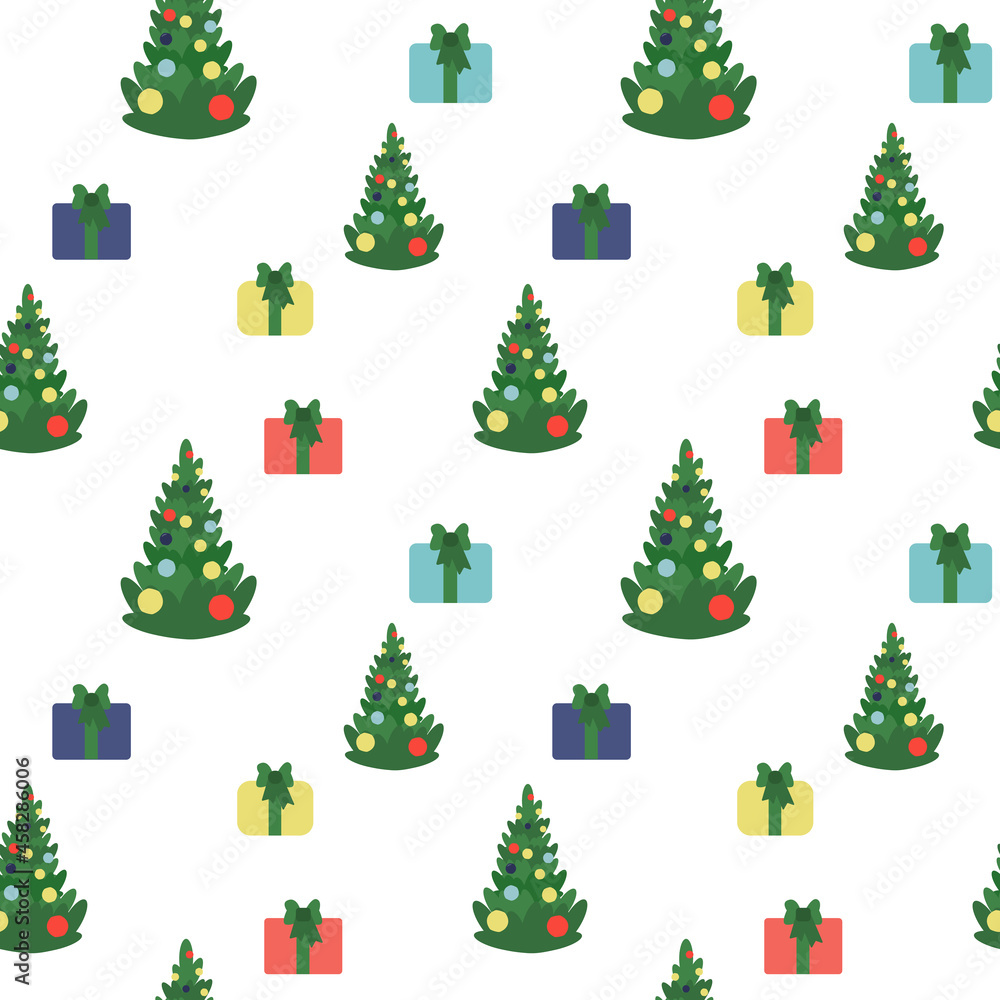 Christmas and Happy New Year seamless pattern with tree and gift boxes. Isolated on white vector illustration. Endless holiday background. Christmas and Happy New Year seamless pattern with tree and gift boxes. Isolated on white vector illustration. Endless holiday background.