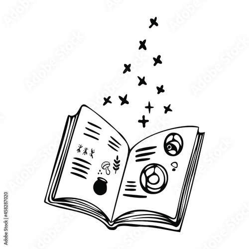 Open spellbook in doodle style. Black and white vector illustration on isolated background.