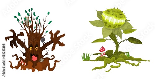 poisonous monster halloween flower and tree vector