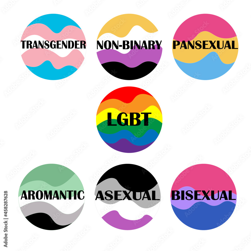 Flags of pride for sexual identity. Collection of Pride parade icons. Vector.  Gender flag transgender, non-binary, pansexual, LGBT, aromantic, asexual,  bisexual. Infographics of sexual diversity. Stock Vector
