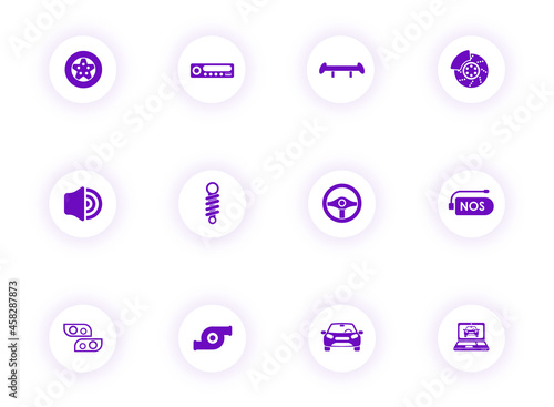 auto tuning purple color vector icons on light round buttons with purple shadow. auto tuning icon set for web, mobile apps, ui design and print