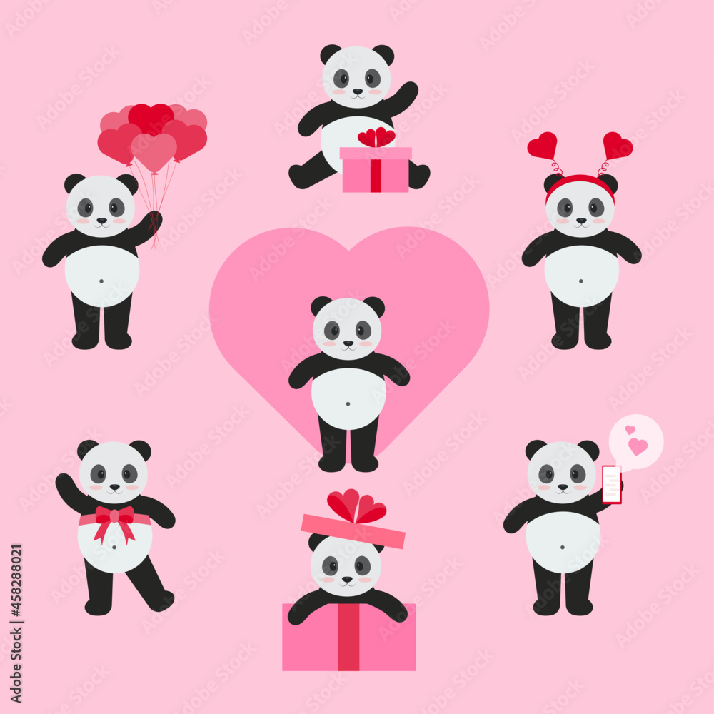 This is a set of pandas in different actions for valentines day isolated on a pink background. This is a set of pandas in different actions for valentines day isolated on a pink background.