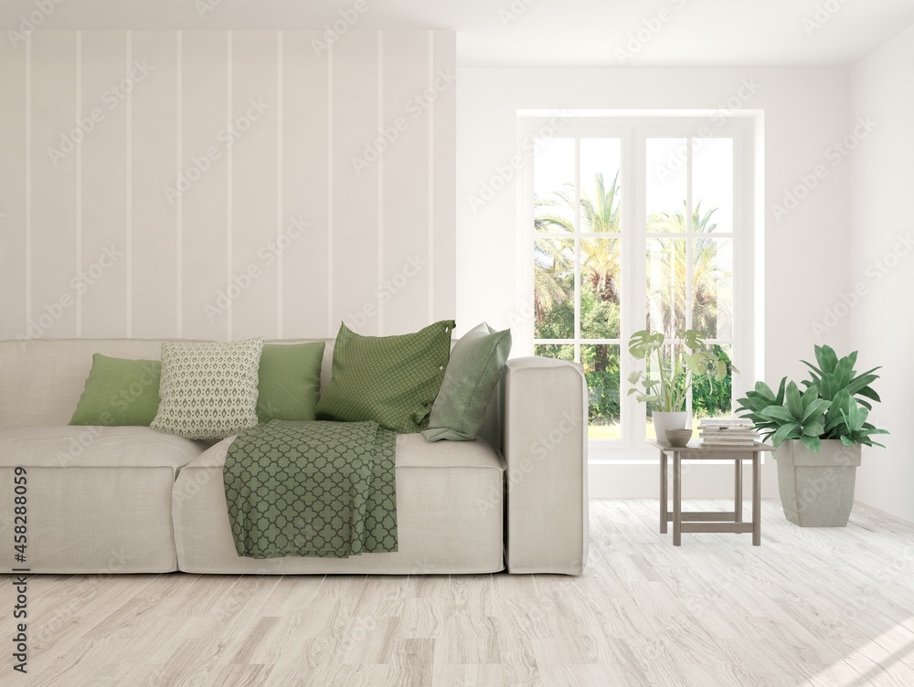 Stylish room in white color with sofa and summer landscape in window. Scandinavian interior design. 3D illustration Stylish room in white color with sofa and summer landscape in window. Scandinavian interior design. 3D illustration