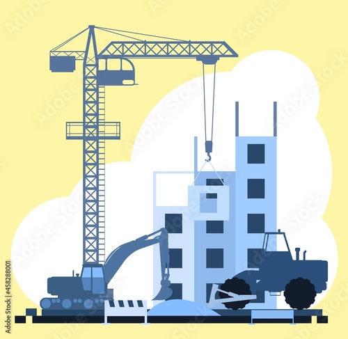 Construction of large city buildings. Silhouette. Residential houses and industrial objects. Lifting crane. Modern technologies and equipment. Illustration vector
