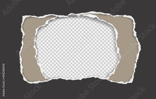 Grey oblong and round hole composition in paper with torn edges and soft shadow are on squared grey background. Vector illustration
