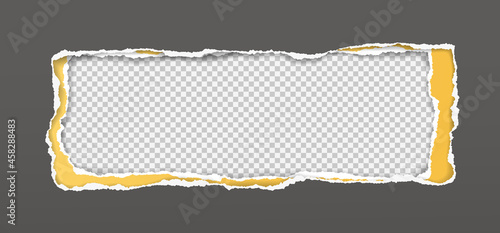 Grey and yellow oblong hole composition in paper with torn edges and soft shadow are on squared background. Vector illustration