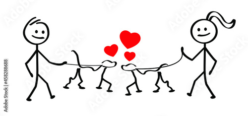 Man and woman walk their dog. Dogs are in love. Stickman walking with the dog. Flat vector cartoon sign. stick figures walks his dog. 