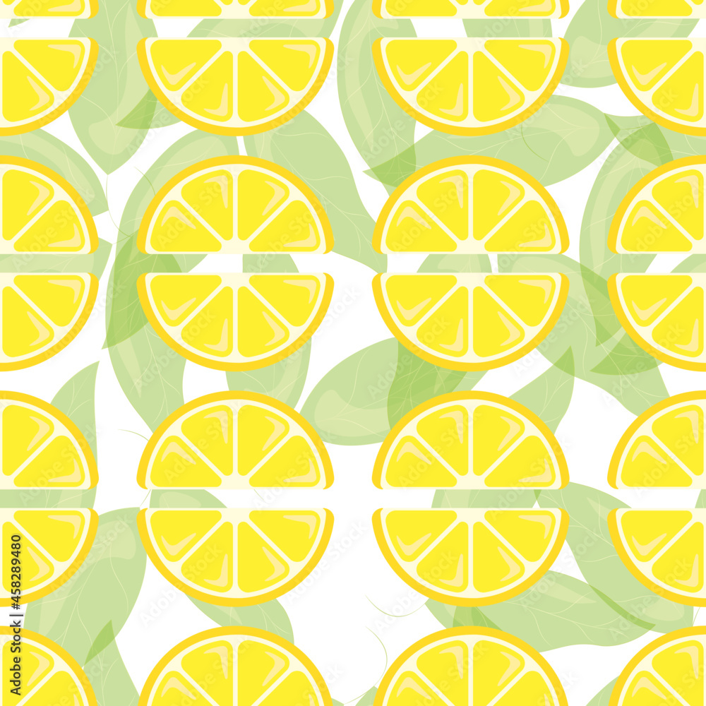 Seamless pattern with hand drawn lemons. Slices and whole lemons on a transparent background. Background for textiles, kitchen utensils and wrapping paper, background for site
