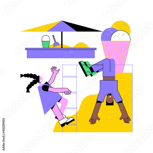 Kids playground abstract concept vector illustration. Outdoor playground, kids zone, playsets for rent, swing set, indoor play area, toddler gym room, children having fun abstract metaphor.