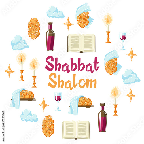 Shabbat Shalom background with religious objects. Background with Jewish symbols. Judaism concept illustration.