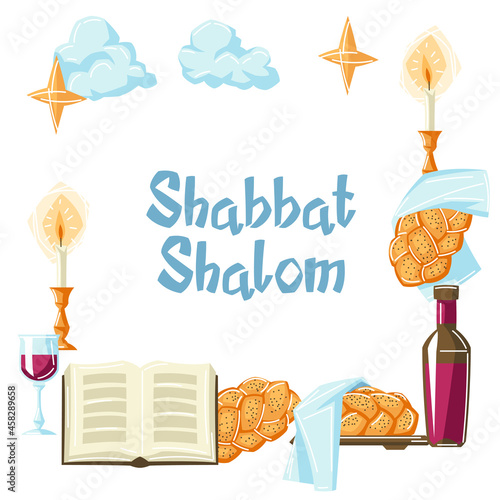 Shabbat Shalom frame with religious objects. Background with Jewish symbols. Judaism concept illustration.