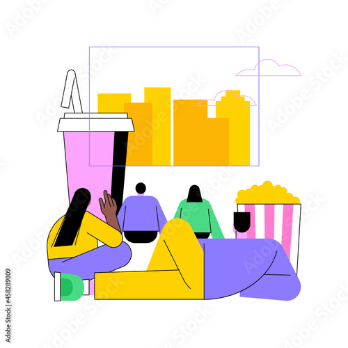 Open air cinema abstract concept vector illustration. Open air movie theater, backyard cinema, watch film outdoors, drive-in service, buy tickets online, rent inflatable screen abstract metaphor.