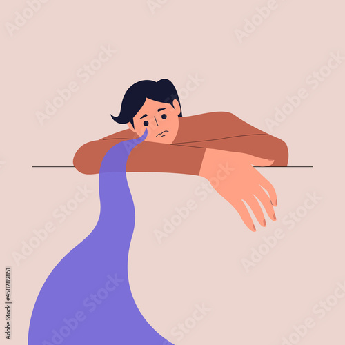 A psychological portrait of a crying man with his head down. River of Tears. An anxiety and depression concept, psychotherapy. Vector illustration in a flat style. Eps 10.