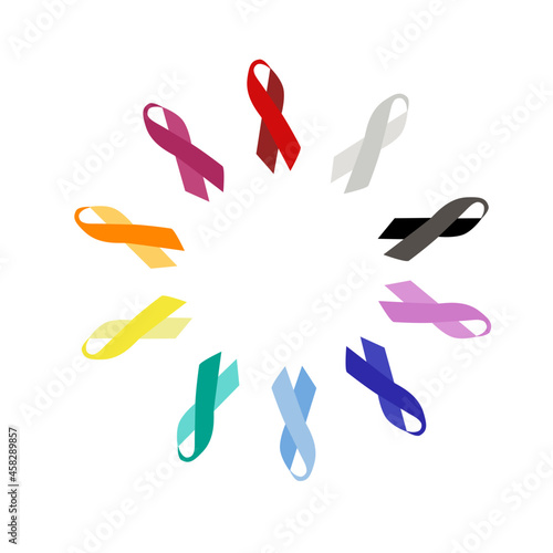 Set colorful ribbons, breast cancer symbol, vector illustration on a white background.