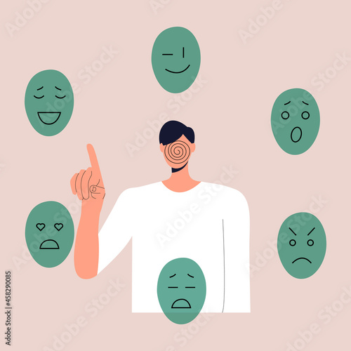 A man without a face chooses a mask to express various emotions. The concept of personality changes in accordance with social requirements and pressures. Vector illustration in a flat style. Eps 10.