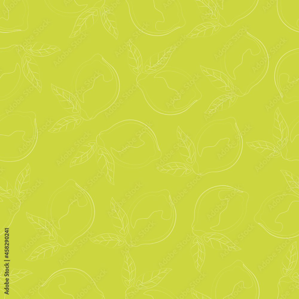 Seamless pattern with hand drawn lemons. White contour of lemon on a green background. Background for textiles, kitchen utensils and wrapping paper, background for site

