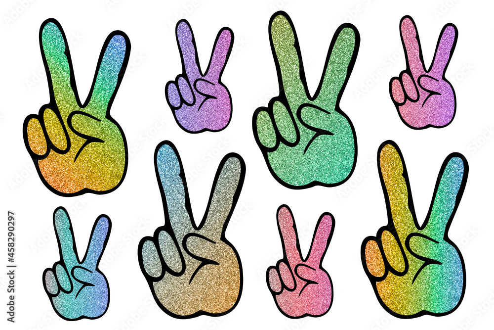 Fototapeta premium Glitter victory hand sign clip art, sublimation backgrounds set on white background