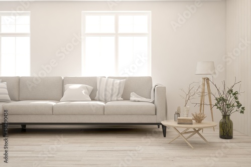 Stylish room in white color with sofa. Scandinavian interior design. 3D illustration