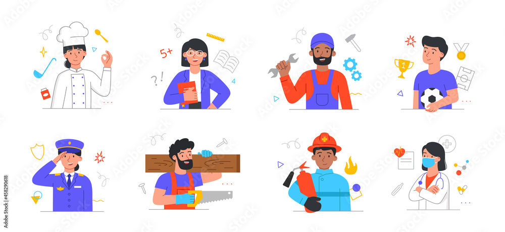 Set with male and female characters of different professions on white background. Happy smiling people are enjoing their work. Specialists in uniform. Flat cartoon vector illustration