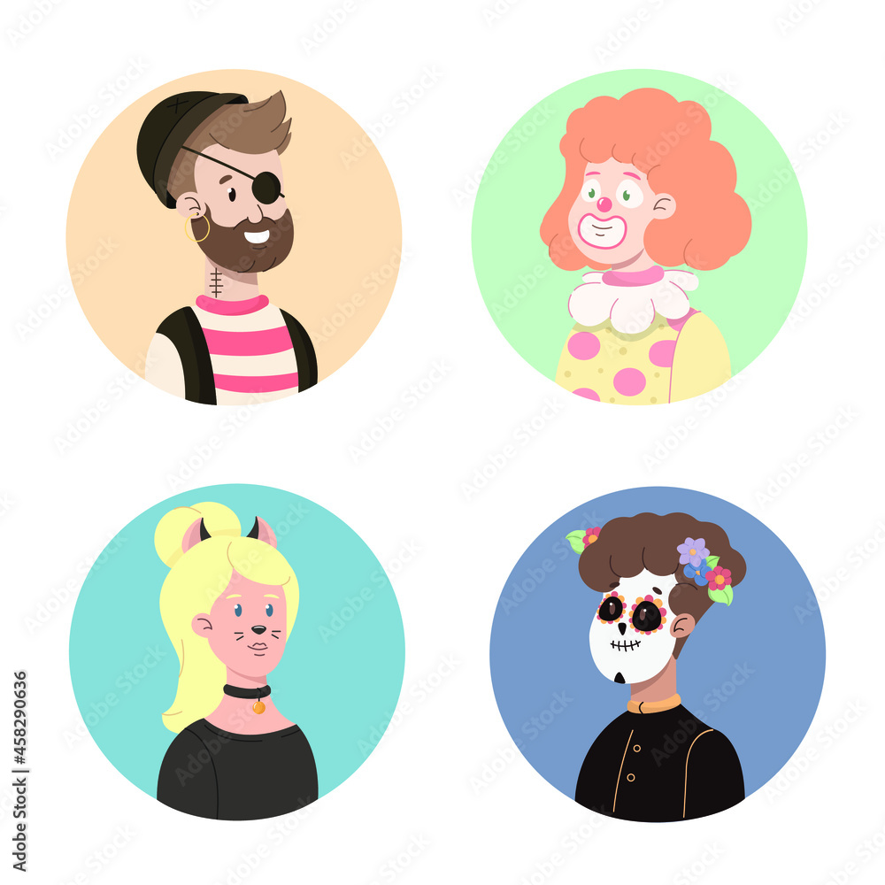 Halloween avatars set isolated on white background. Portraits of pirate, clown, cat woman and man in makeup of Day of the Dead. Halloween concept flat vector illustration. Halloween avatars set isolated on white background. Portraits of pirate, clown, cat woman and man in makeup of Day of the Dead. Halloween concept flat vector illustration.