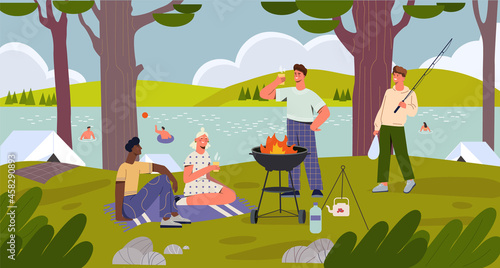 Happy male and female characters are spending time at barbeque at the river bank together. Concept of spending leisure time with friends outdoors along the river. Flat cartoon vector illustration