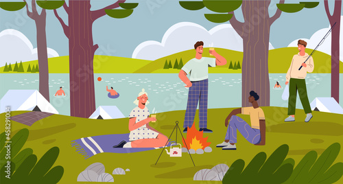 Cheerful male and female characters having fun camping time at the river bank together with friends. Spending happy time with family outdoors along the river. Flat cartoon vector illustration