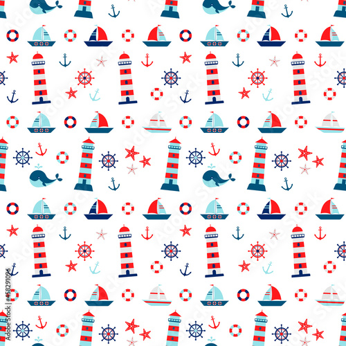 Seampless pattern with sailboat, steering wheel, anchor, lighthouse, whale, crab, starfish. Cute Marine pattern for fabric, baby clothes, background, wrapping paper and other decoration.