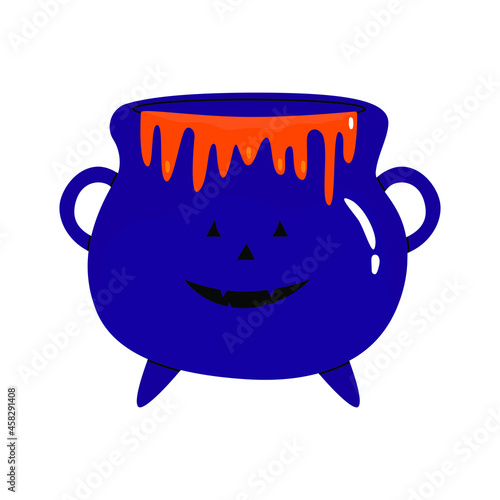 Flat cartoon vector illustration of a witch's cauldron with an orange potion, isolated on a white background. A symbol of witchcraft. A traditional Halloween element.