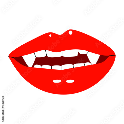 A flat vector illustration of a female vampire mouth with red lips and long fangs.