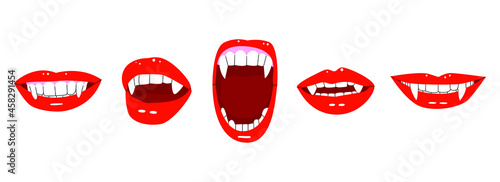 A set of vampire mouths. Red lips with vampire fangs. Flat vector illustration isolated on a white background.